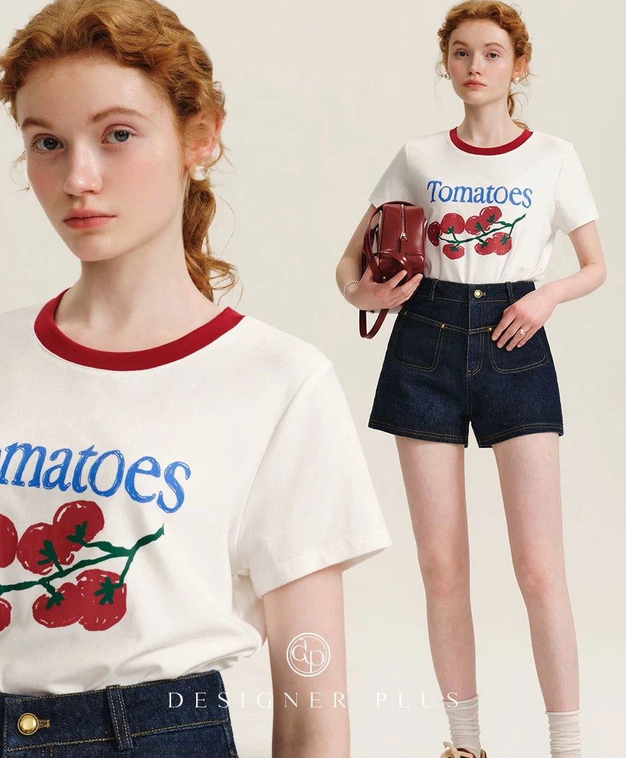 Fruit Letter Print T-Shirt  Women's Contrast Panel Crewneck Tee, Combed Cotton, Summer 2025