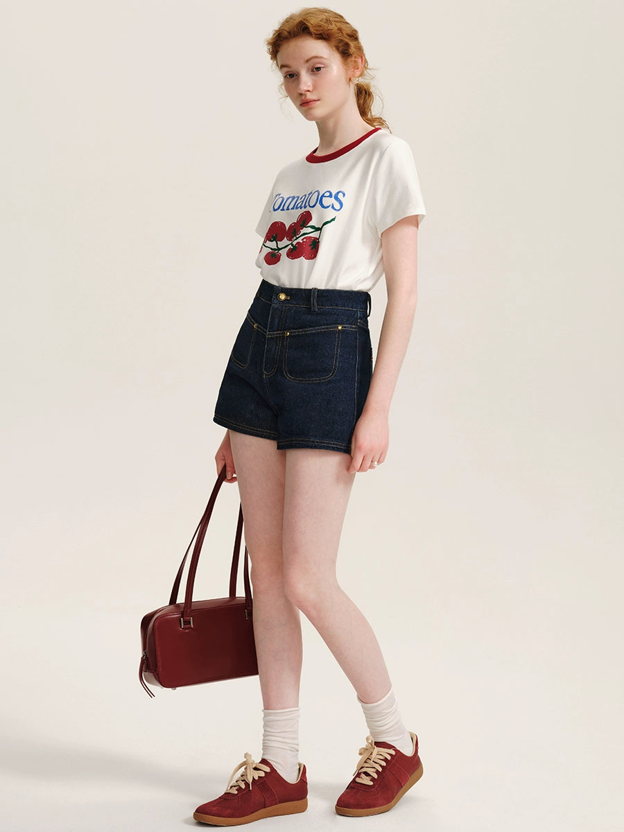 Fruit Letter Print T-Shirt  Women's Contrast Panel Crewneck Tee, Combed Cotton, Summer 2025