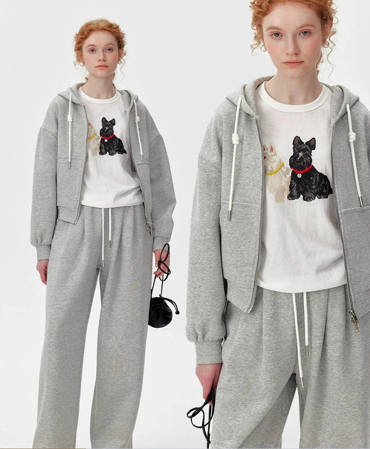 Grey Tracksuit Set  Double-Zip Jacket & Wide-Leg Sweatpants