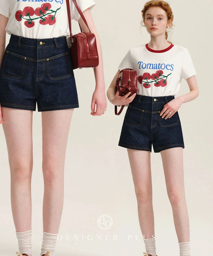 High-Waisted Retro Denim Hot Pants  Contrast Stitch & Patch Pocket