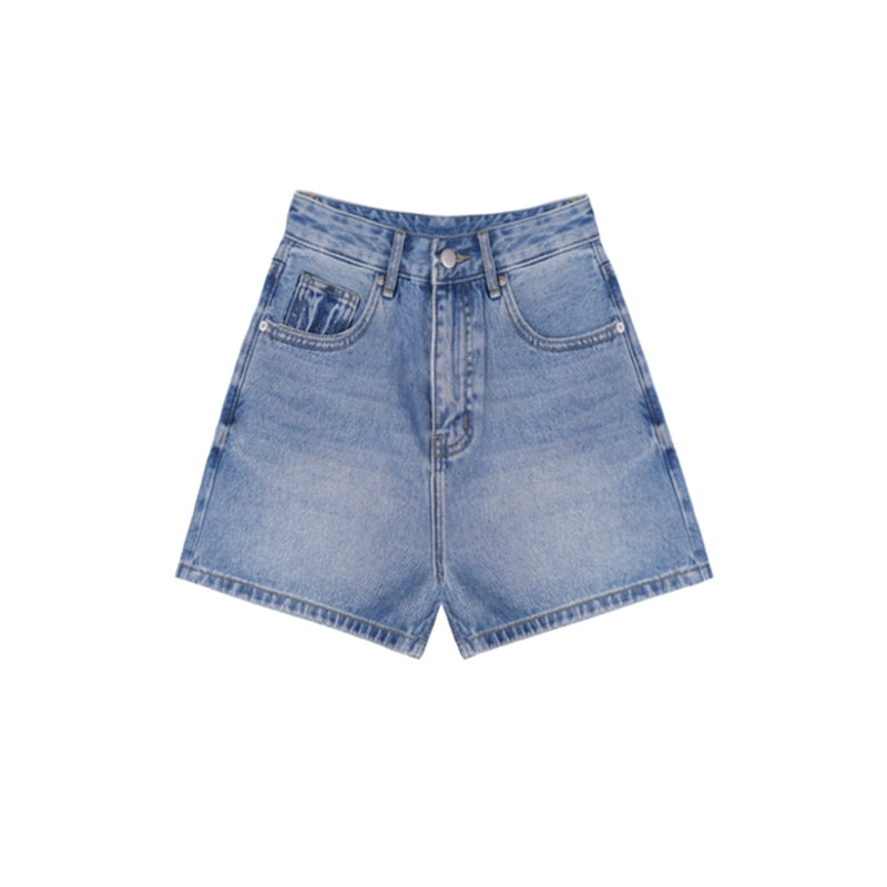 High-Waisted Retro Denim Hot Pants  Contrast Stitch & Patch Pocket