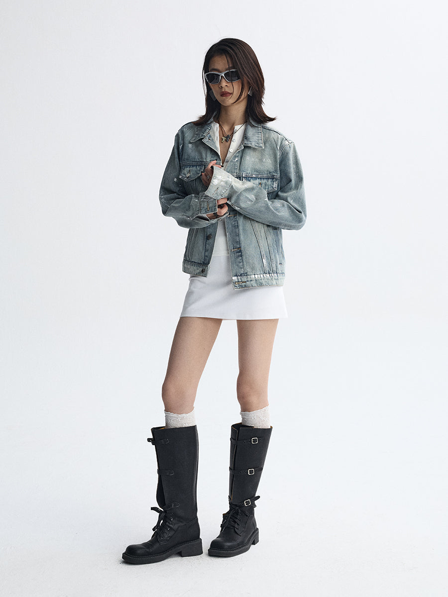 Women's Washed Blue Short Denim Jacket  Hand-Stamped Silver Detail