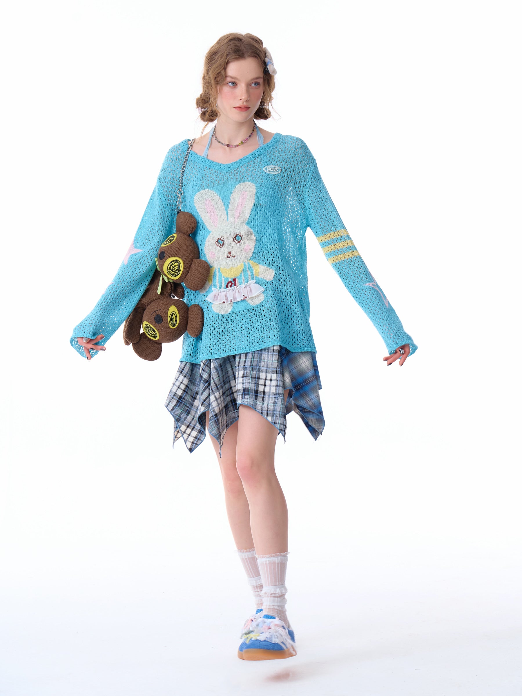 Women's Irregular Contrast Stitching High Waist Sky Blue Plaid Skirt