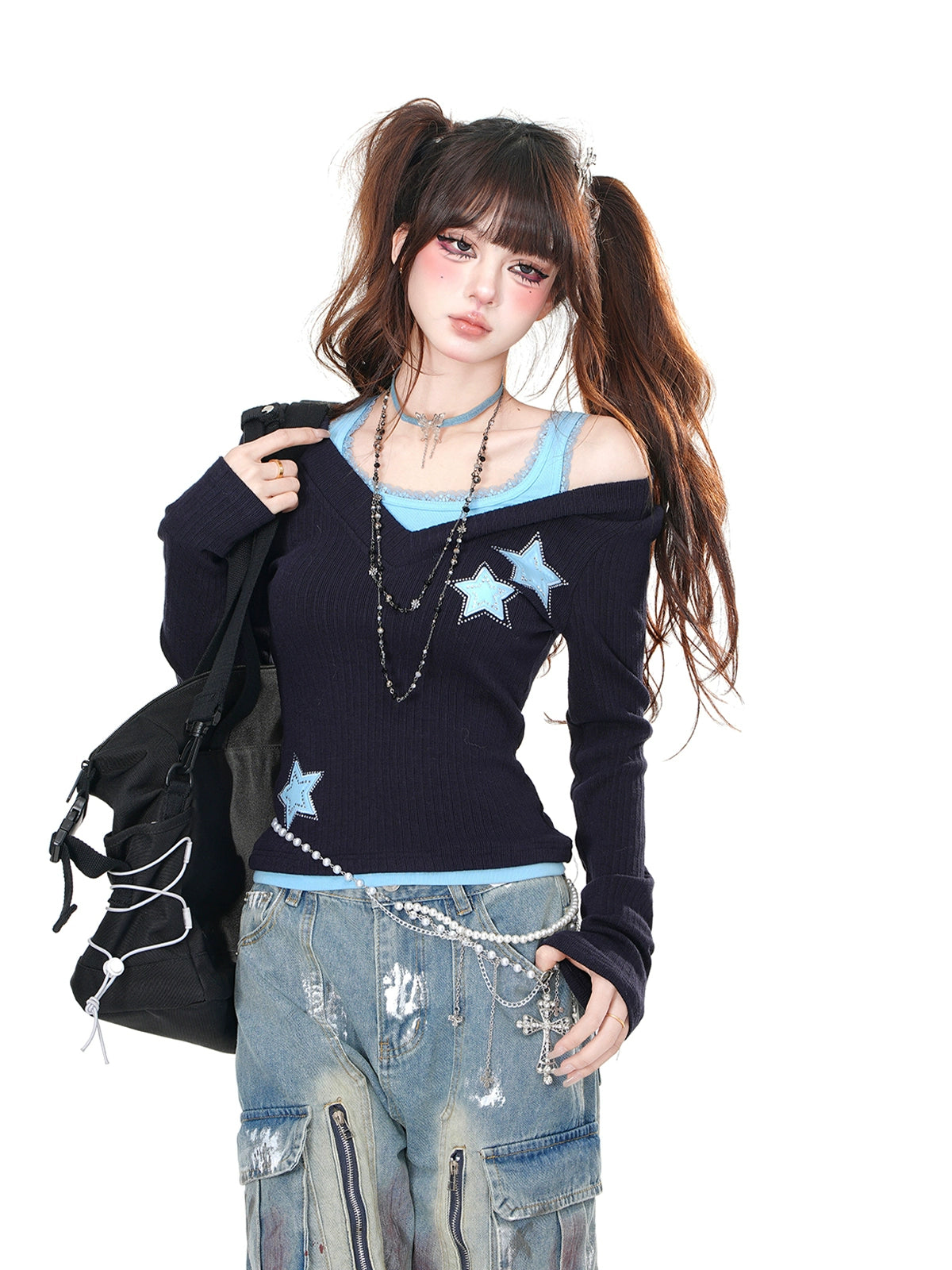 Bass Love Letter Off-Shoulder Knit Layered T-Shirt