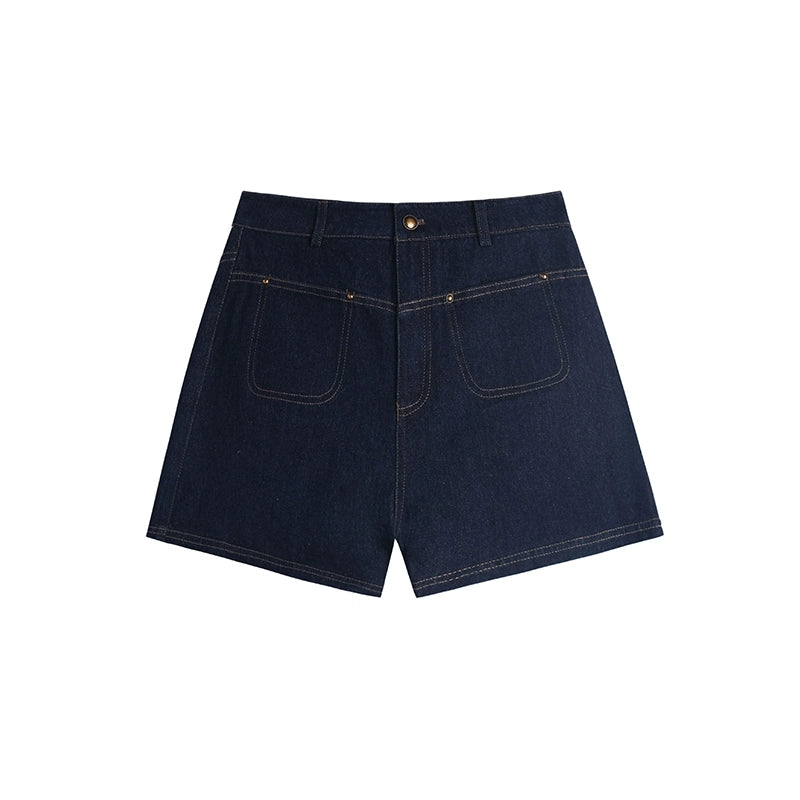 High-Waisted Retro Denim Hot Pants  Contrast Stitch & Patch Pocket