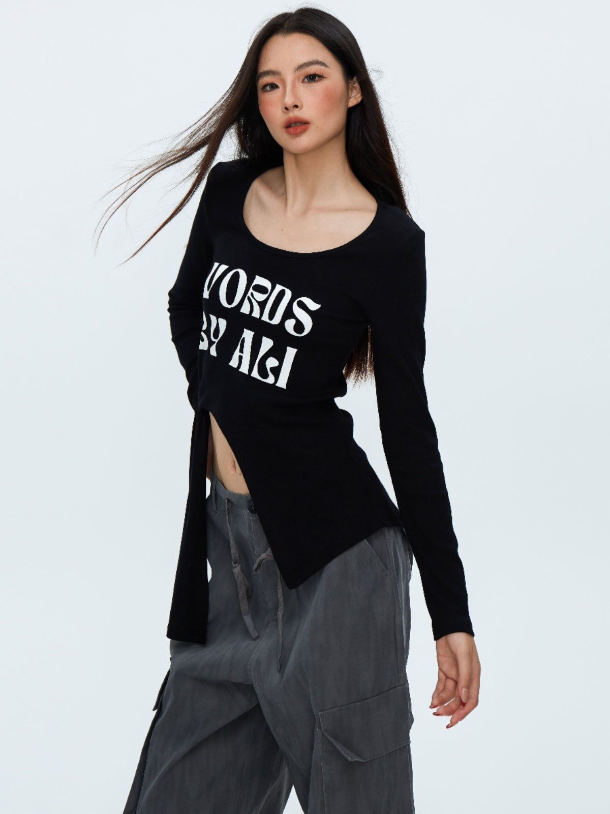 Women's Ribbed Alphabet Print Shoulder Padded Slit Tie Top