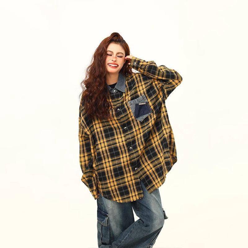 Women's Retro Yellow Plaid Checked Shirt