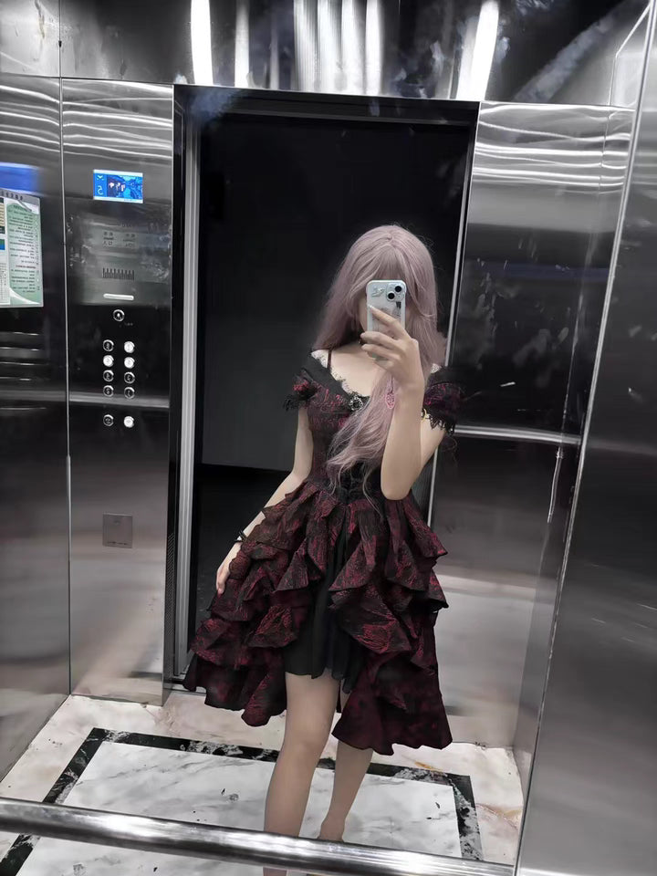 Women's Gothic Black and Red Jacquard One-Shoulder Ruffled Court Dress