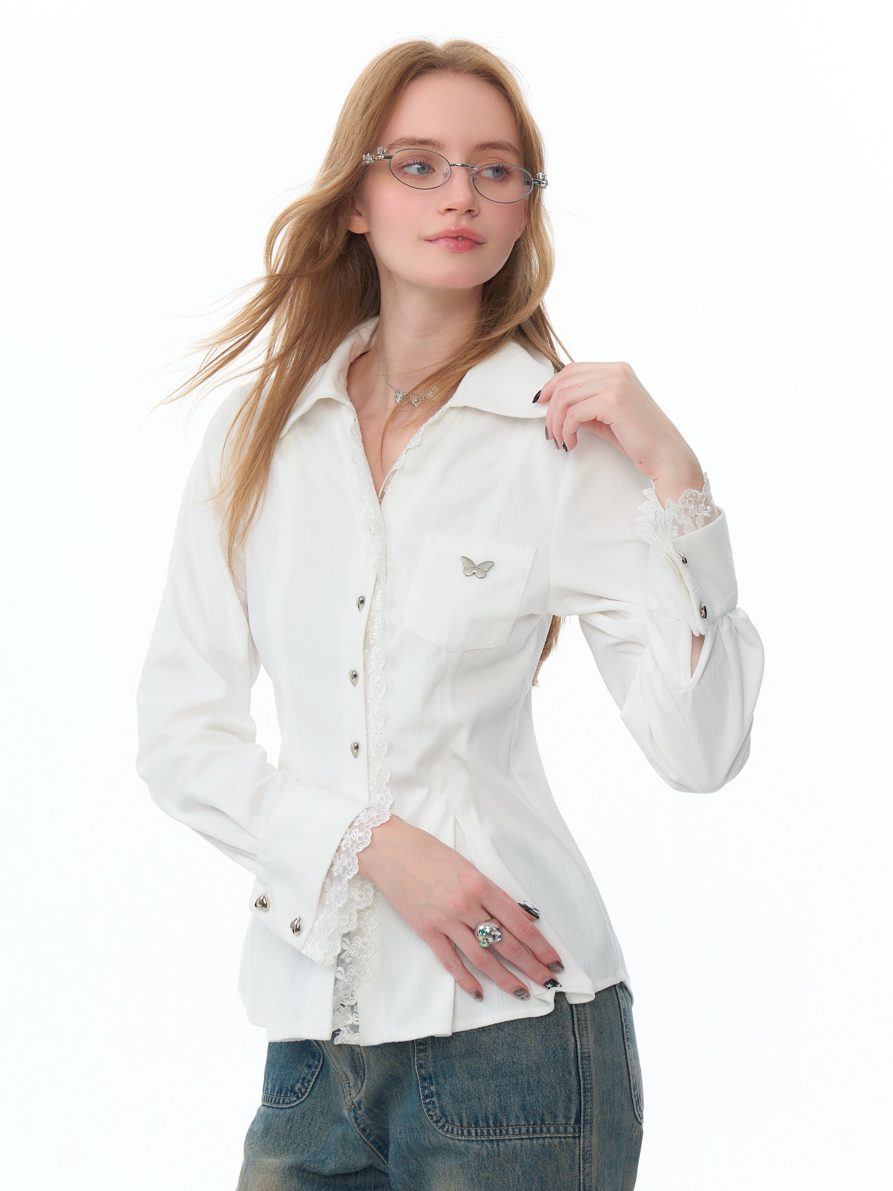 Lace Slim Fit White Long Sleeve Shirt Women's