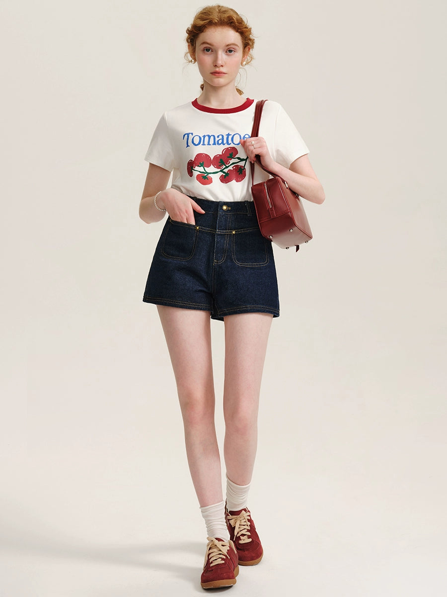 High-Waisted Retro Denim Hot Pants  Contrast Stitch & Patch Pocket
