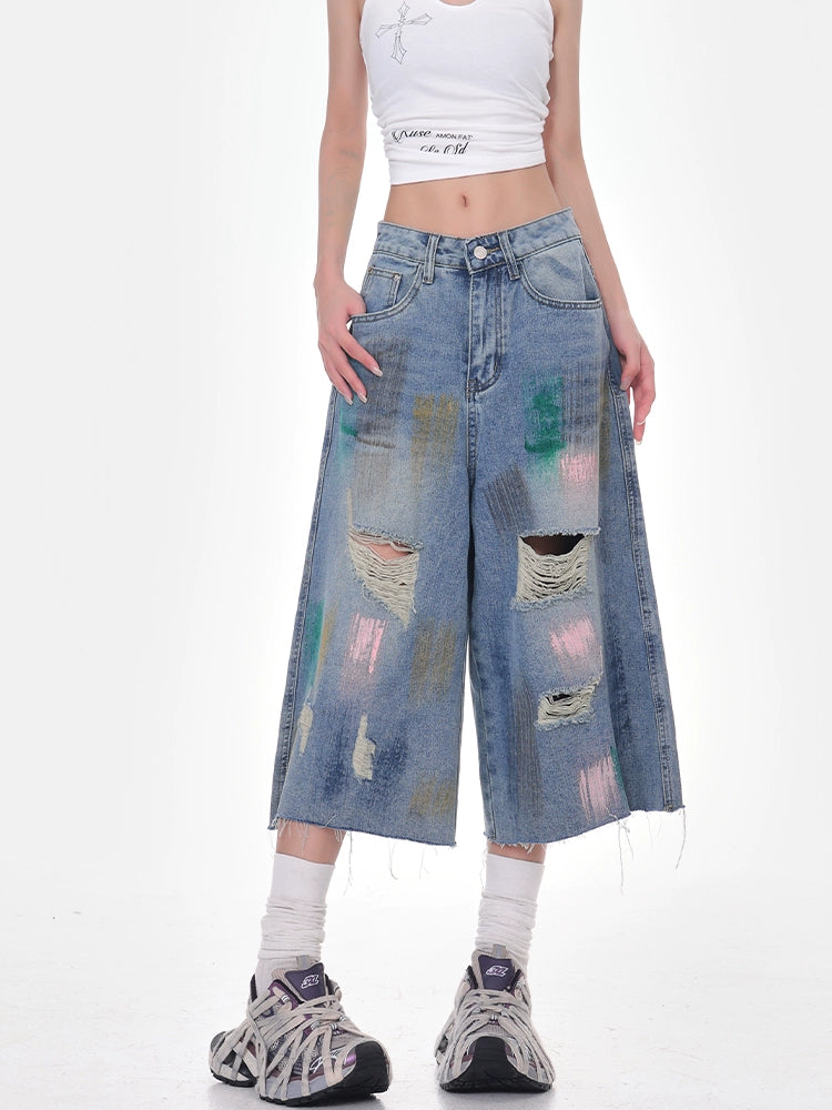 Women's Summer Vintage Splash-Ink Denim Shorts  Loose Wide-Leg Cropped Style
