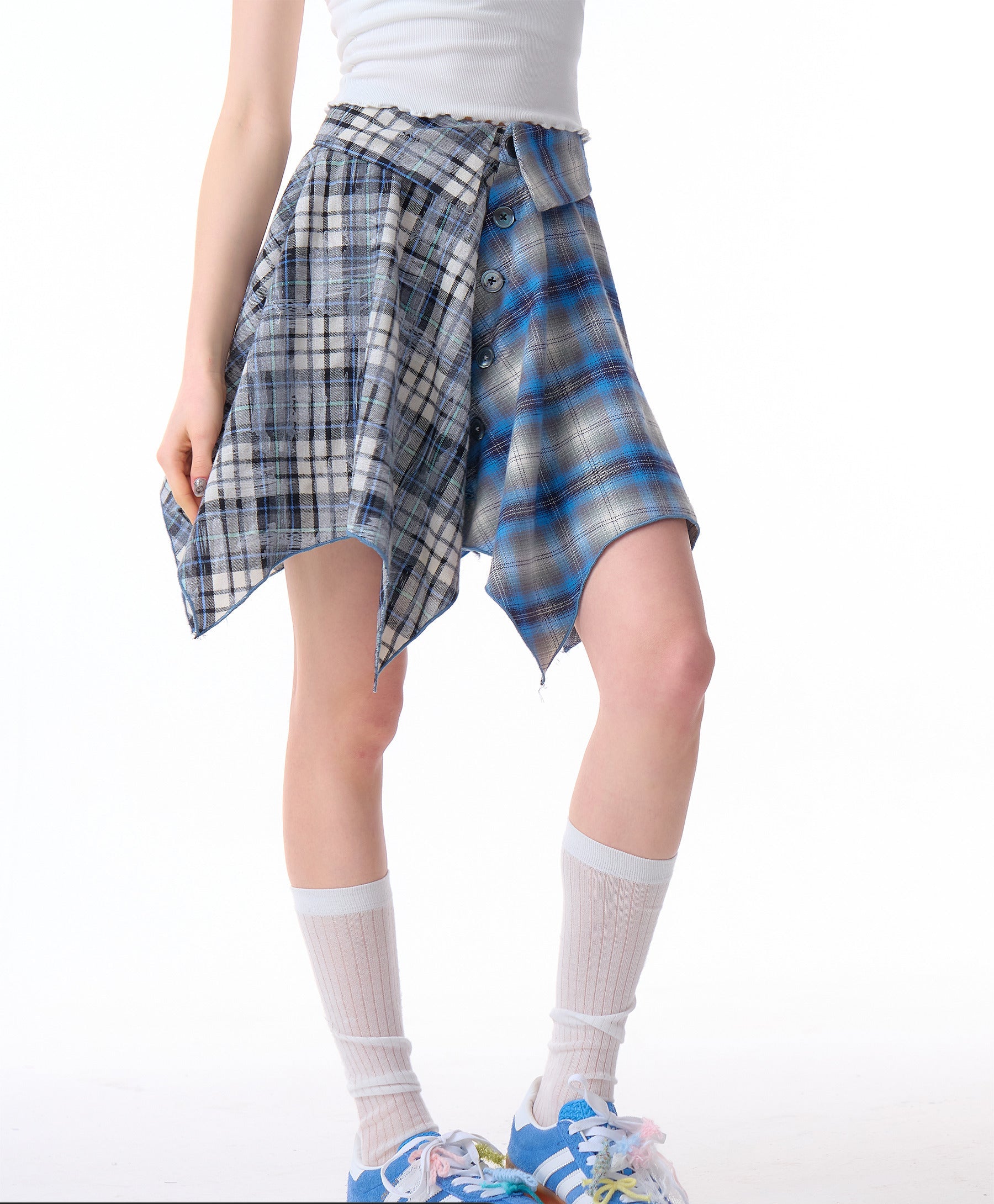 Women's Irregular Contrast Stitching High Waist Sky Blue Plaid Skirt