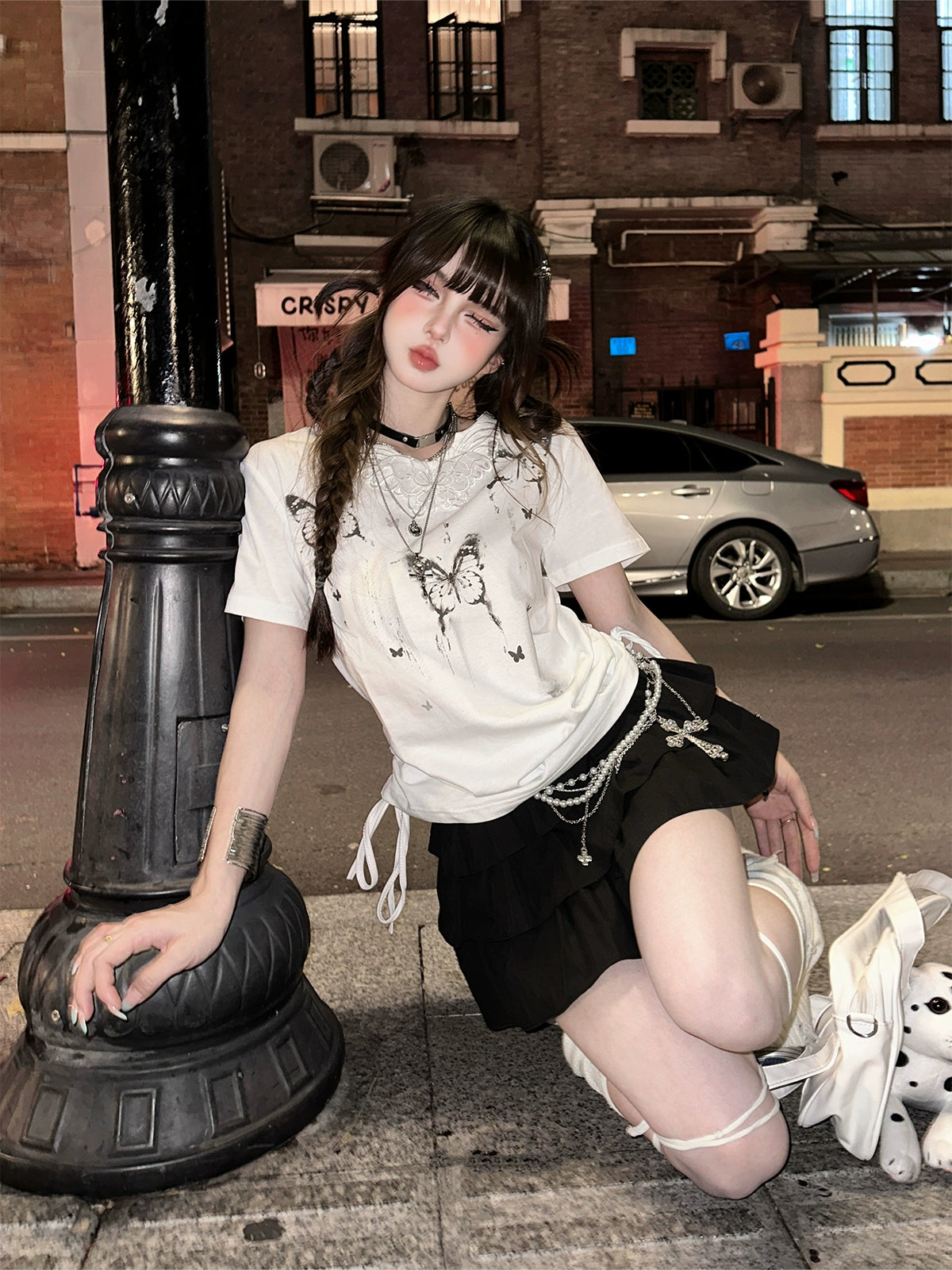 Korean Style Butterfly Shoulder T-Shirt  Women's Slim Fit White Summer Tee