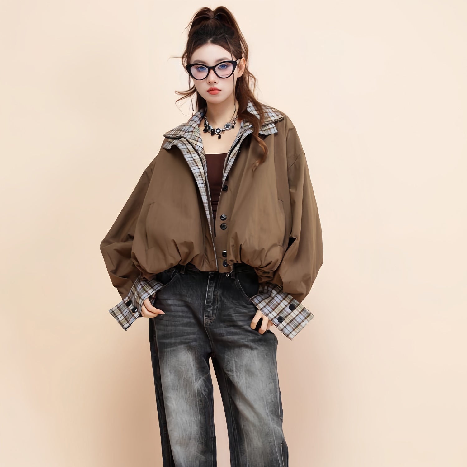 Coffee Contrast Reversible Cotton Retro Jacket Women's