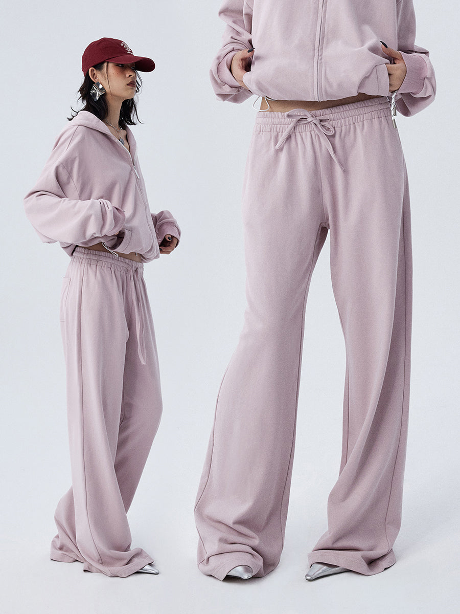Women's Pastel Pink Spring Hooded Sweatshirt Wide-Leg Loungewear Two-Piece Set