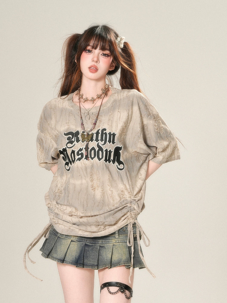 Korean Style Sunset Drawstring Short Sleeve T-Shirt  Women's Loose Fit Summer Top