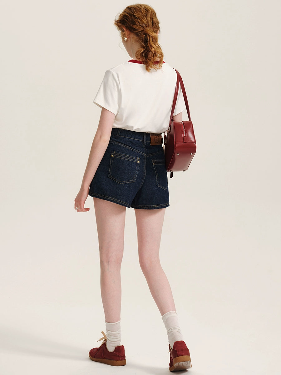 High-Waisted Retro Denim Hot Pants  Contrast Stitch & Patch Pocket