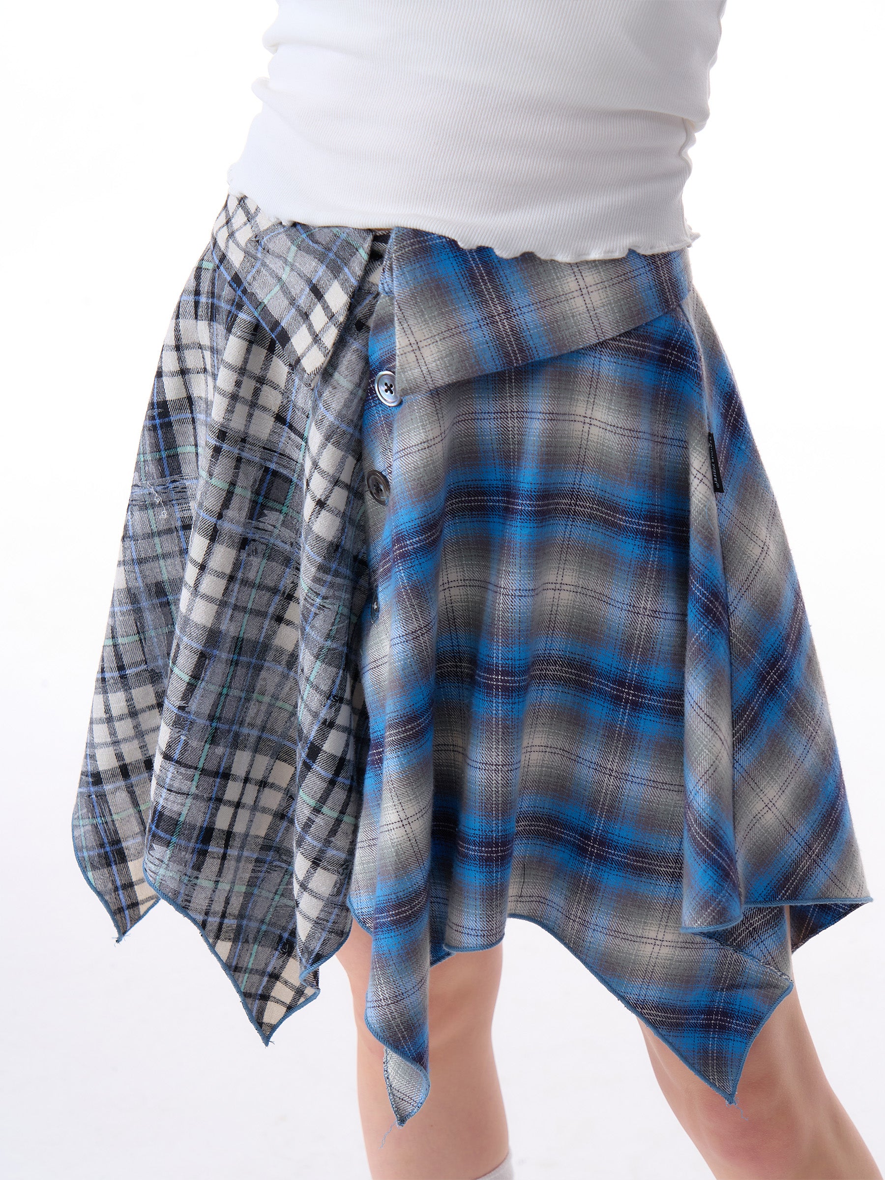 Women's Irregular Contrast Stitching High Waist Sky Blue Plaid Skirt