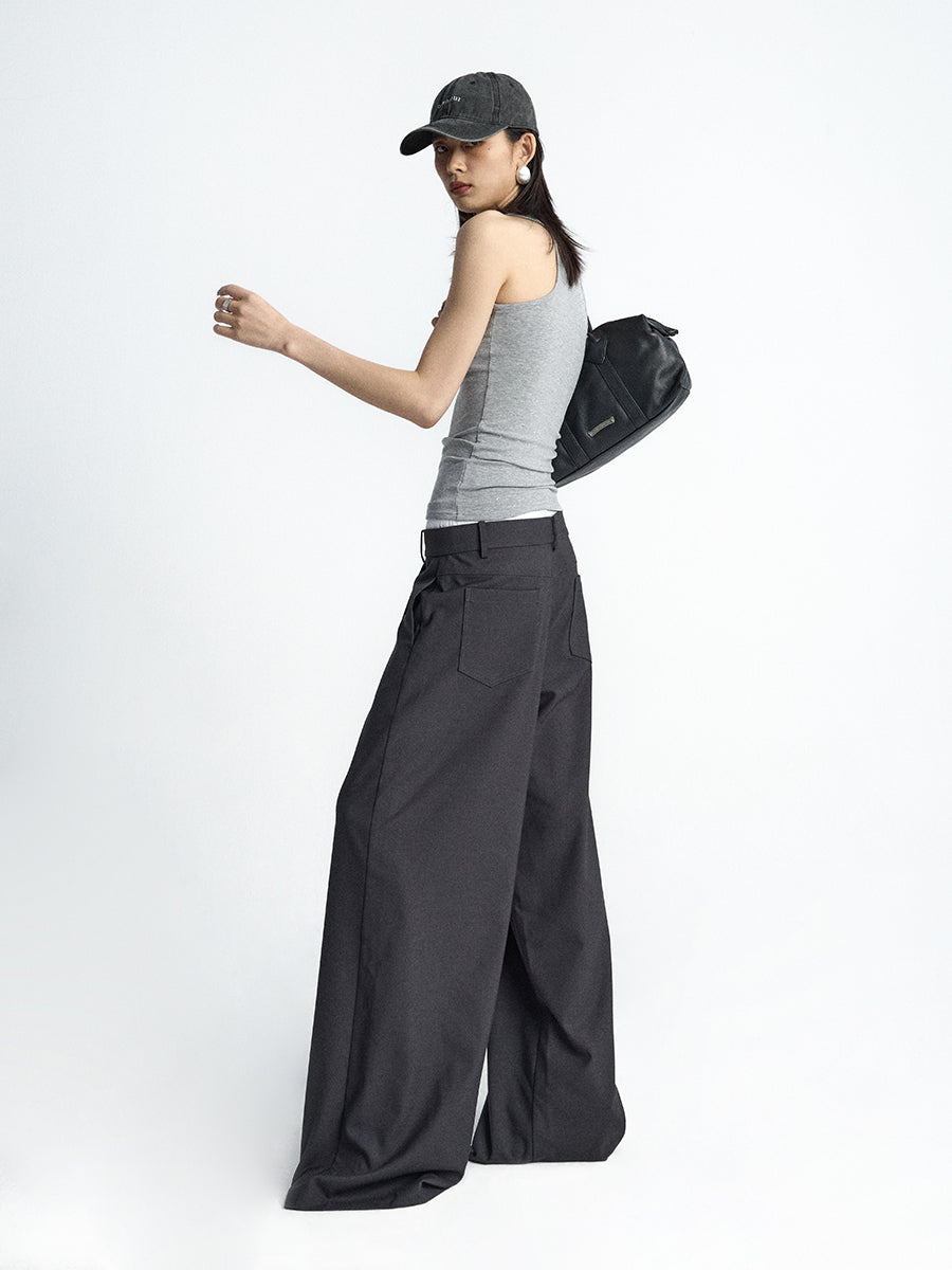 Women's Dark Gray Fake Two-Piece Loose Suit Pants