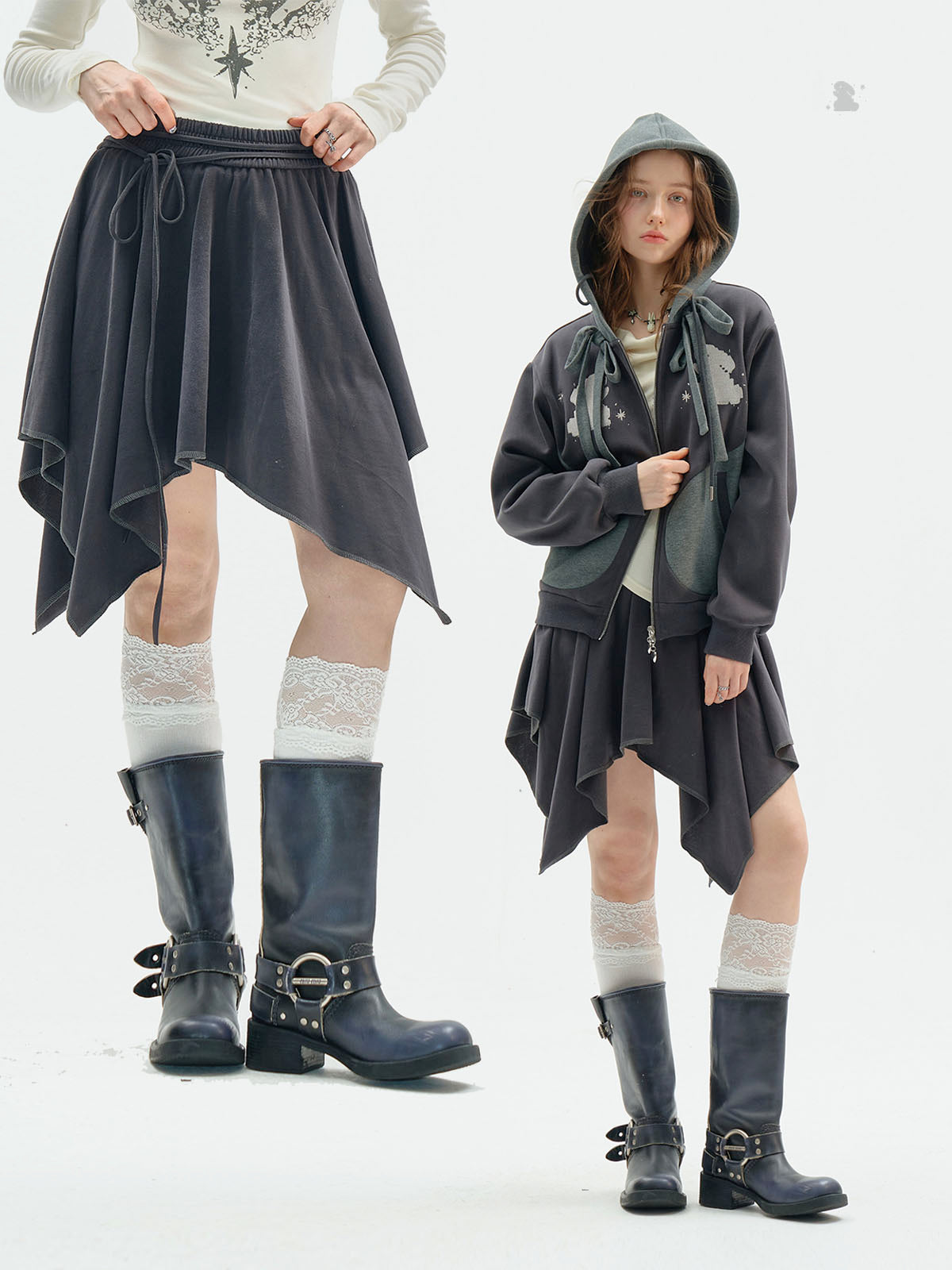 Women's Irregular Skirt Hooded Sweatshirt Black Suit