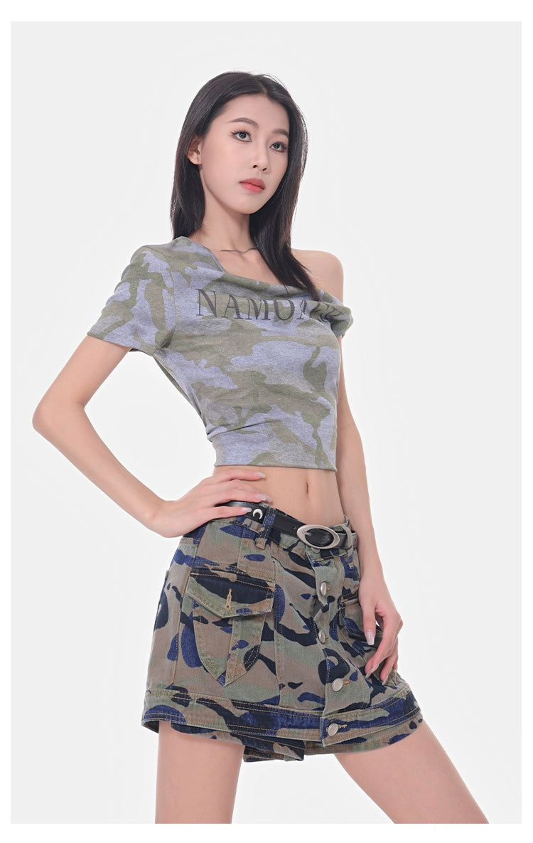 Women's Summer High-Waisted Camouflage Denim Cargo Culottes  Slimming Hot Shorts