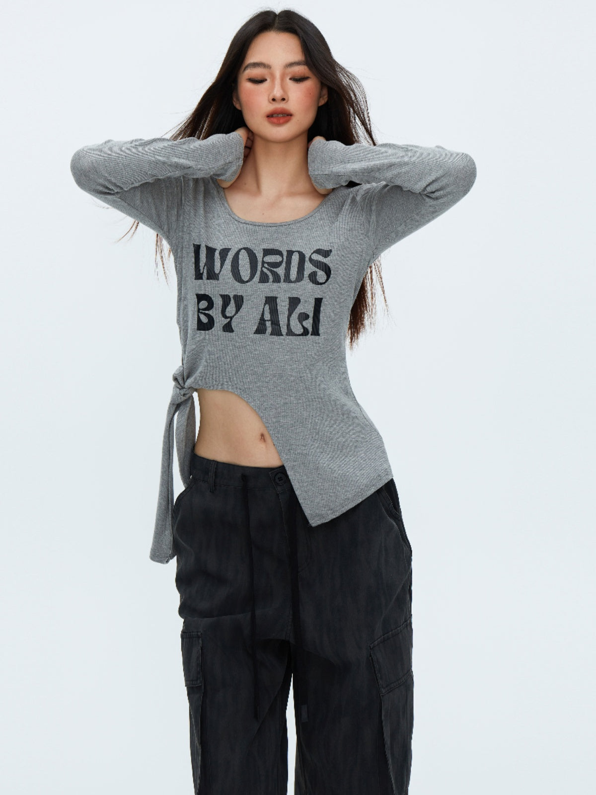 Women's Ribbed Alphabet Print Shoulder Padded Slit Tie Top