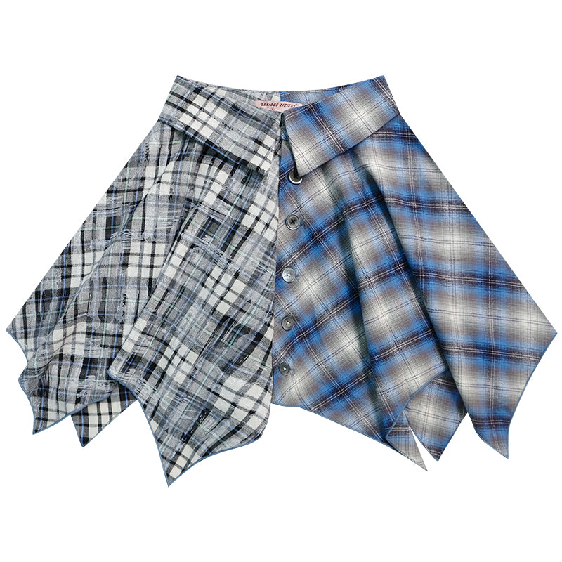 Women's Irregular Contrast Stitching High Waist Sky Blue Plaid Skirt