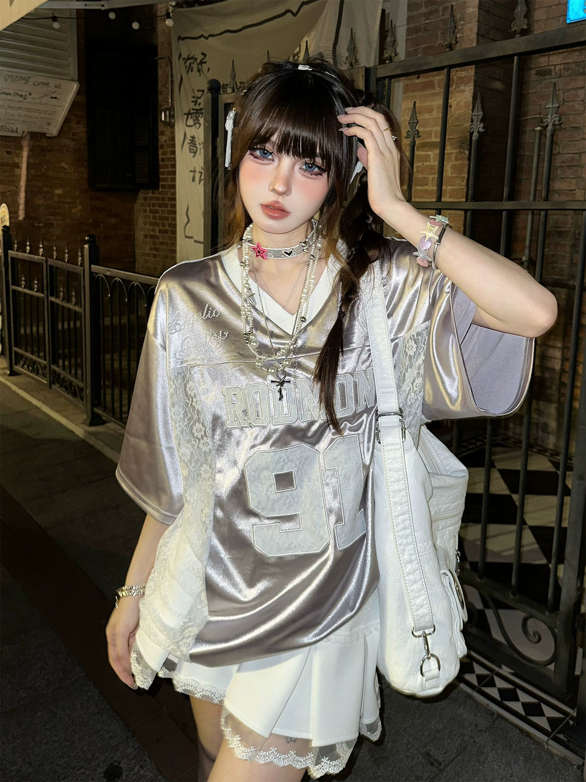 Embroidered V-Neck Shoulder T-Shirt  Women's Summer Loose Fit Top