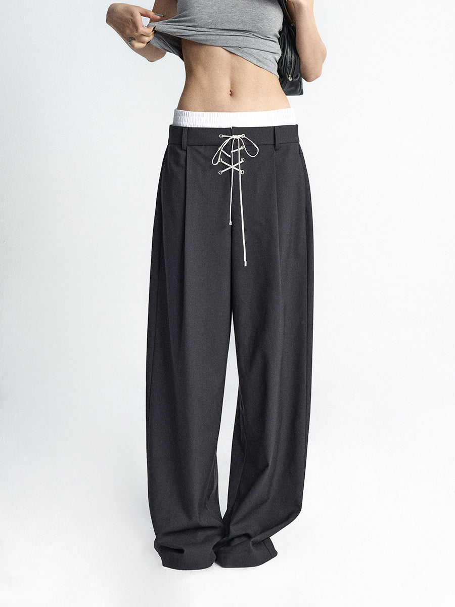 Women's Dark Gray Fake Two-Piece Loose Suit Pants