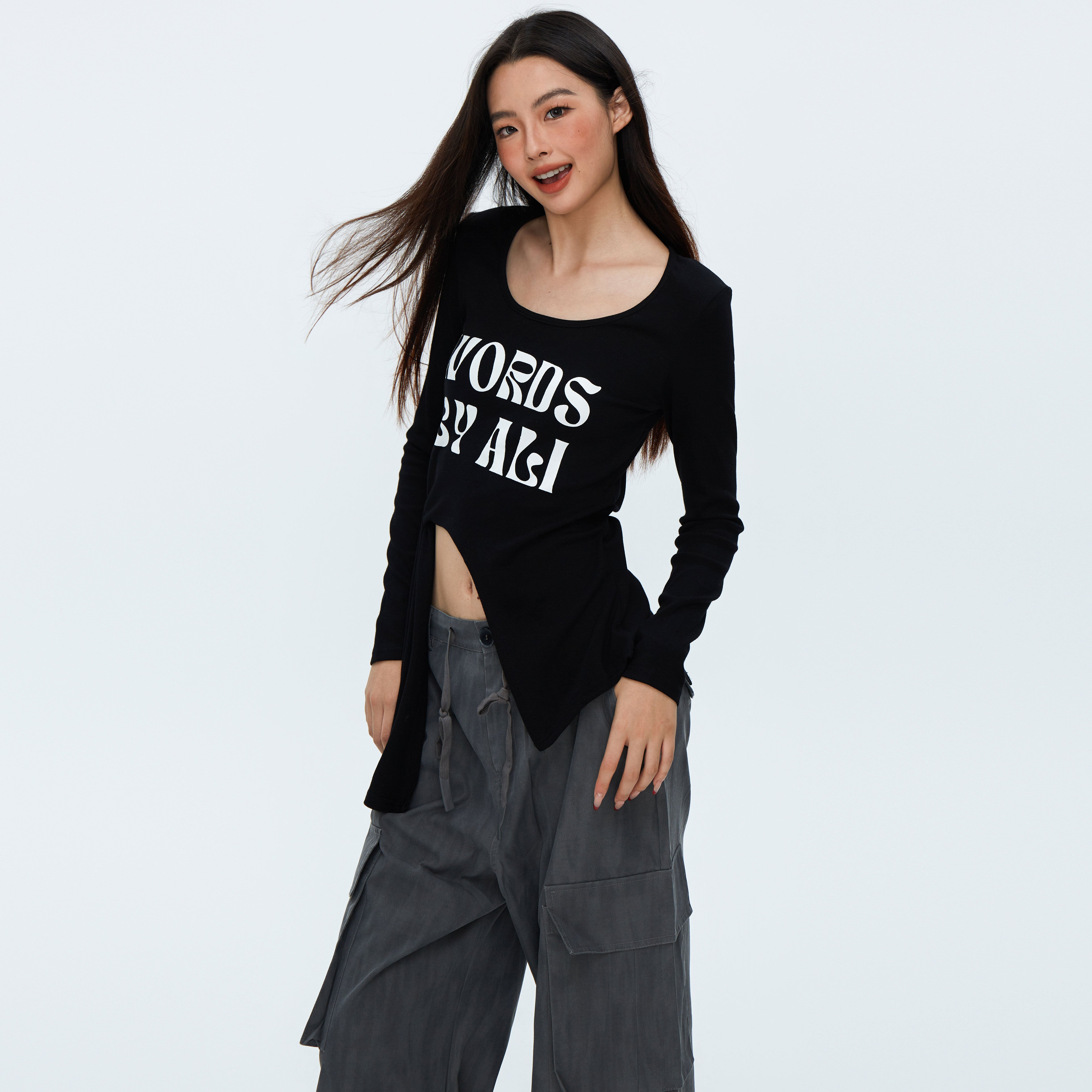 Women's Ribbed Alphabet Print Shoulder Padded Slit Tie Top