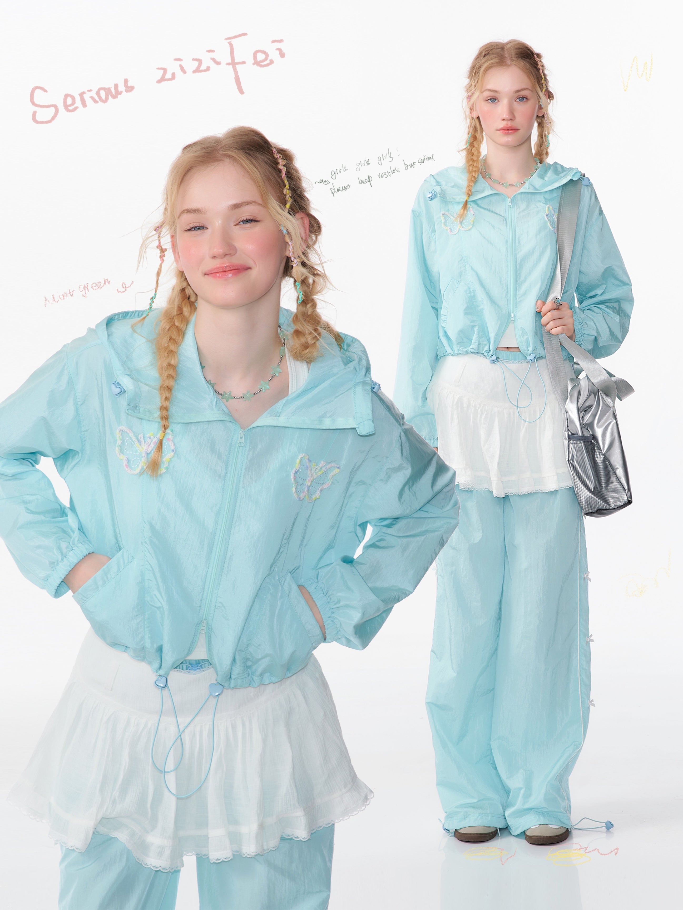 Butterfly Embroidery Hooded Short Long Sleeve Cardigan Women's