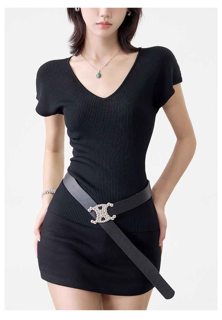 Women's Summer Slim V-Neck T-Shirt  Versatile Solid Color Short Sleeve Top