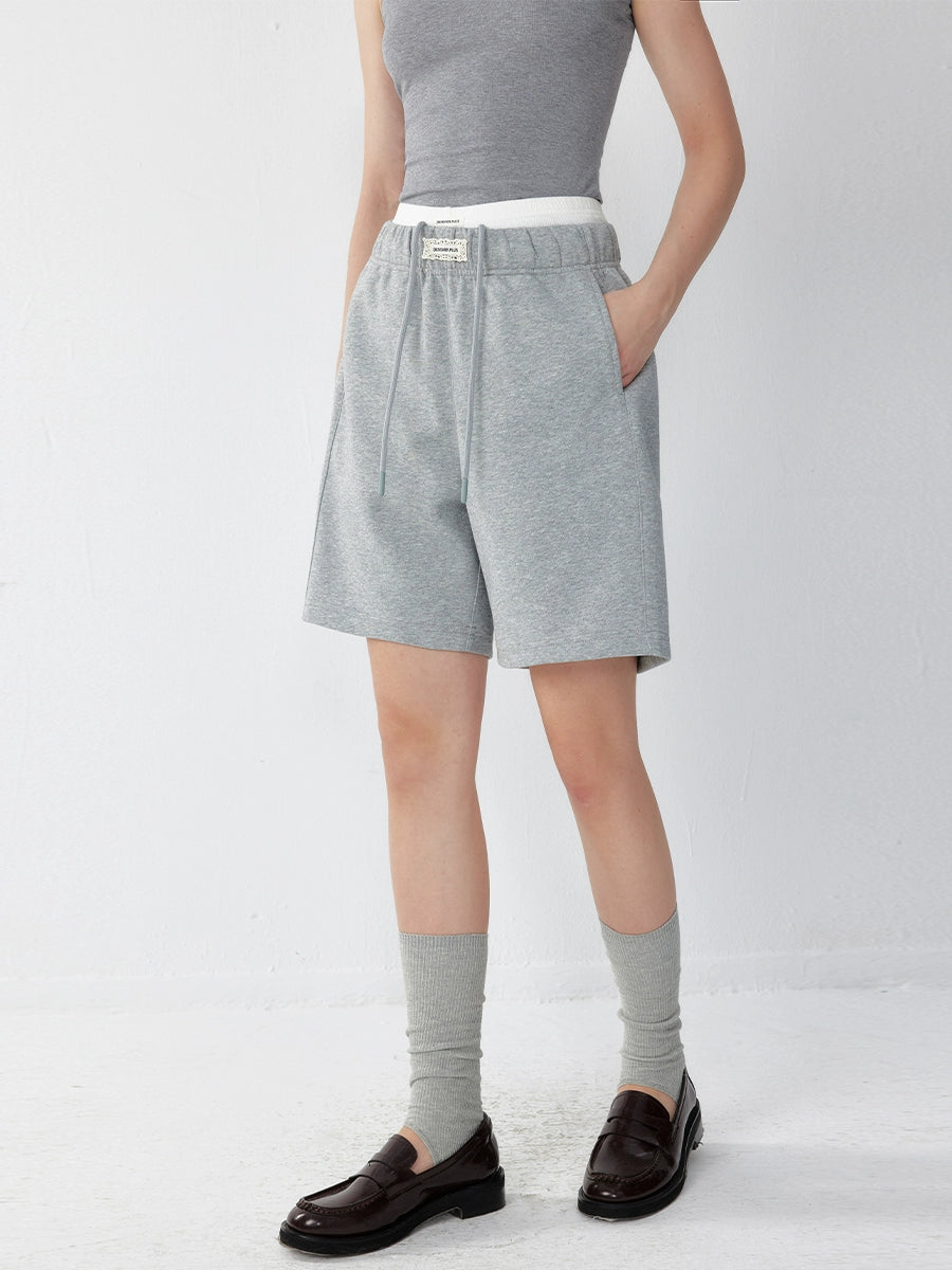 Women's Sporty Cotton Shorts  380g Air Layer, Loose Fit, Drawstring Straight Pants