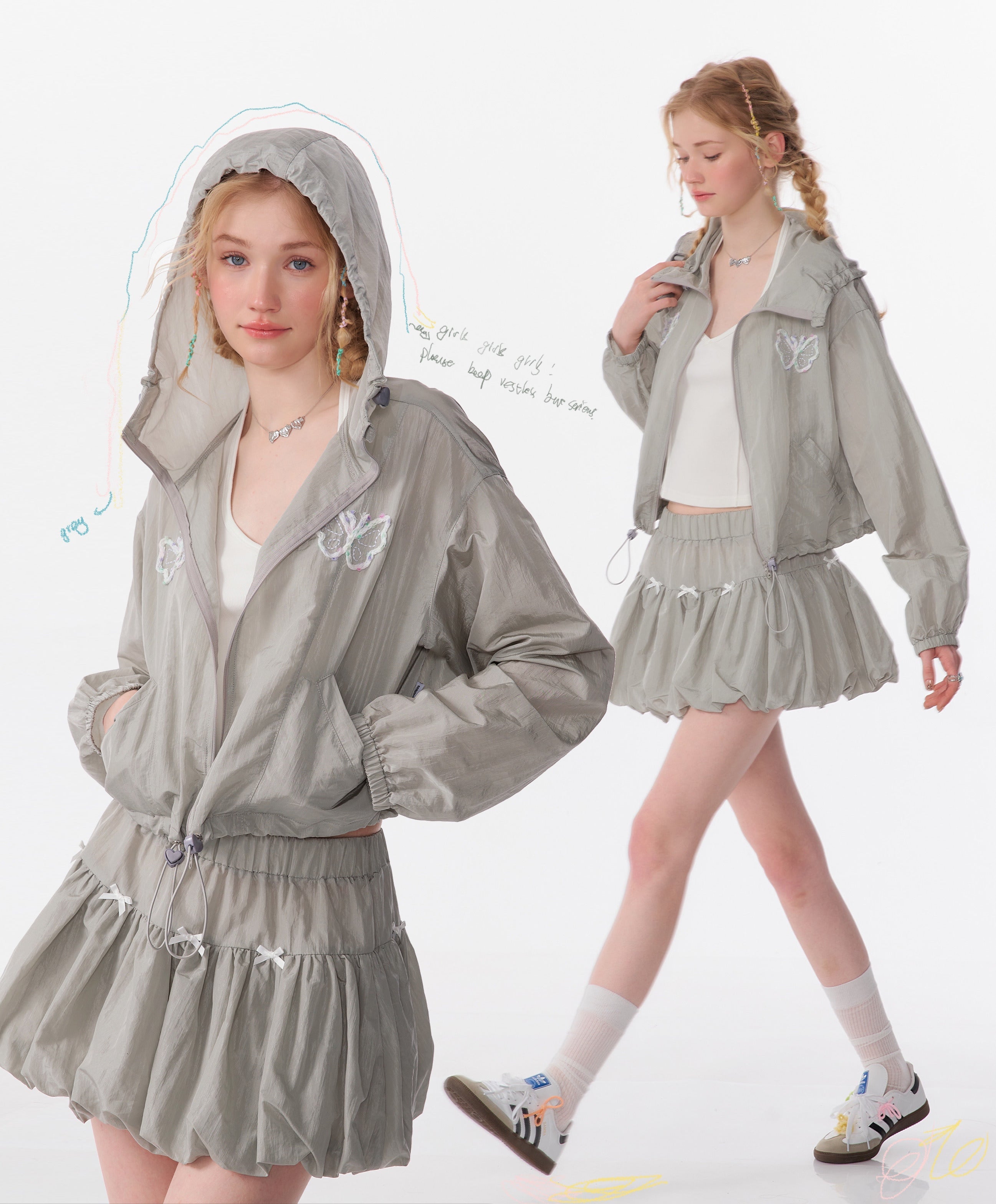 Butterfly Embroidery Hooded Short Long Sleeve Cardigan Women's