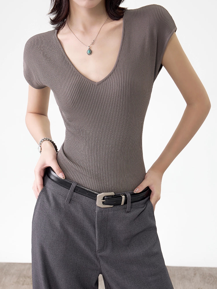 Women's Summer Slim V-Neck T-Shirt  Versatile Solid Color Short Sleeve Top