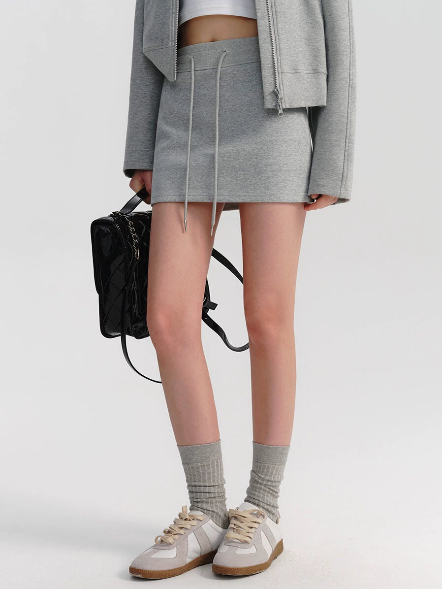 Women's Grey Athleisure Skirt  High Waist Slim A-Line Hip Skirt with Drawstring