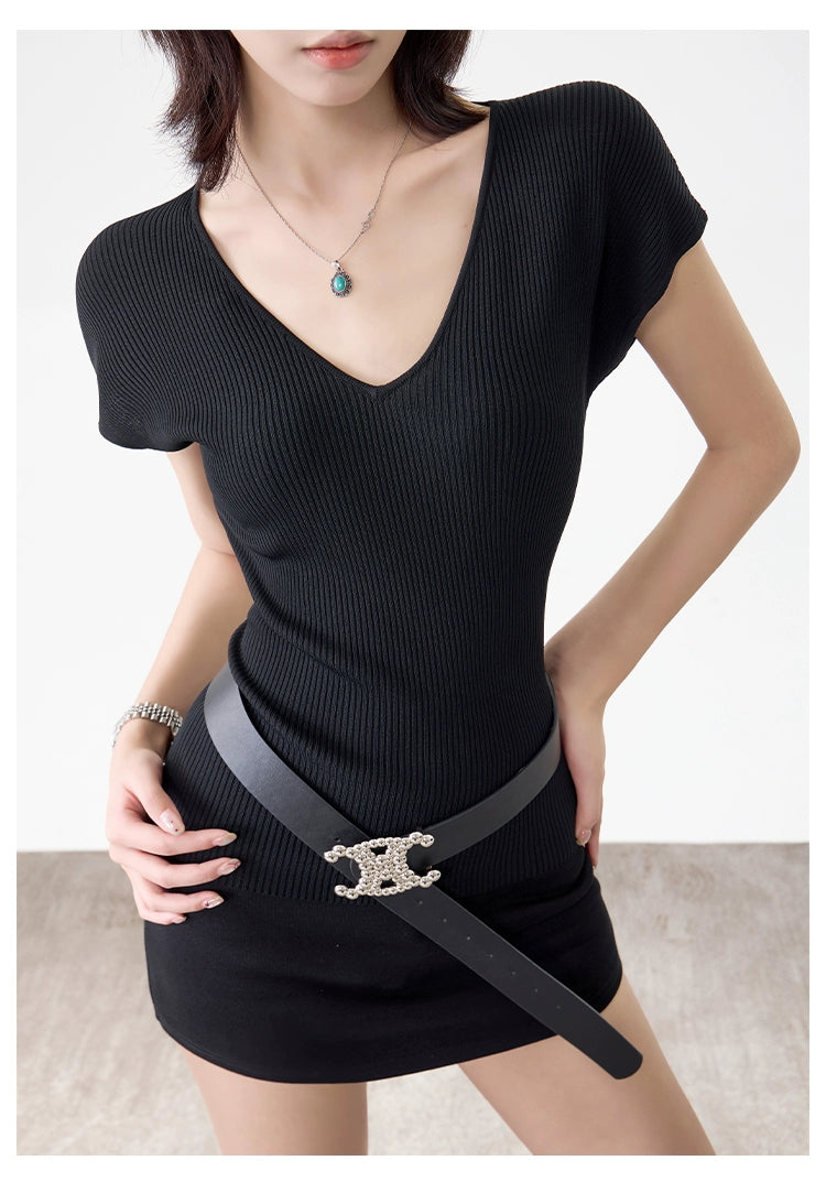 Women's Summer Slim V-Neck T-Shirt  Versatile Solid Color Short Sleeve Top