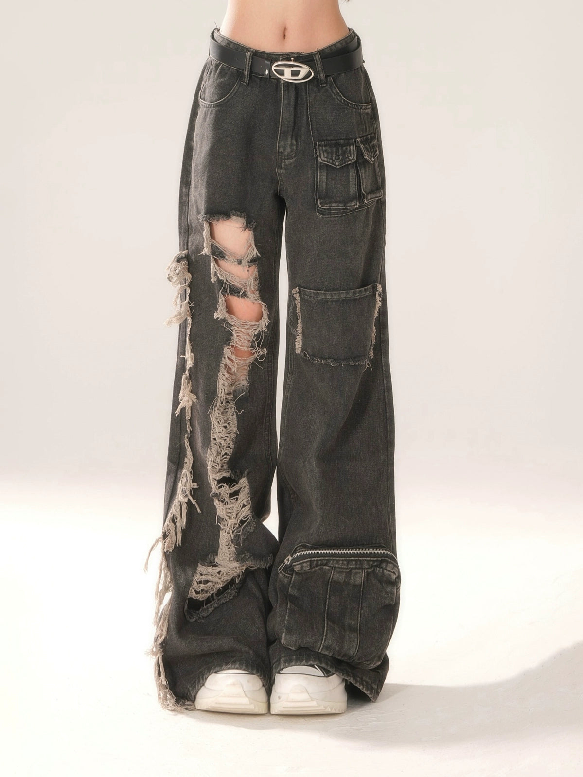 Retro Black Distressed Piercing Cargo Jeans  Women's Street Style Long Pants