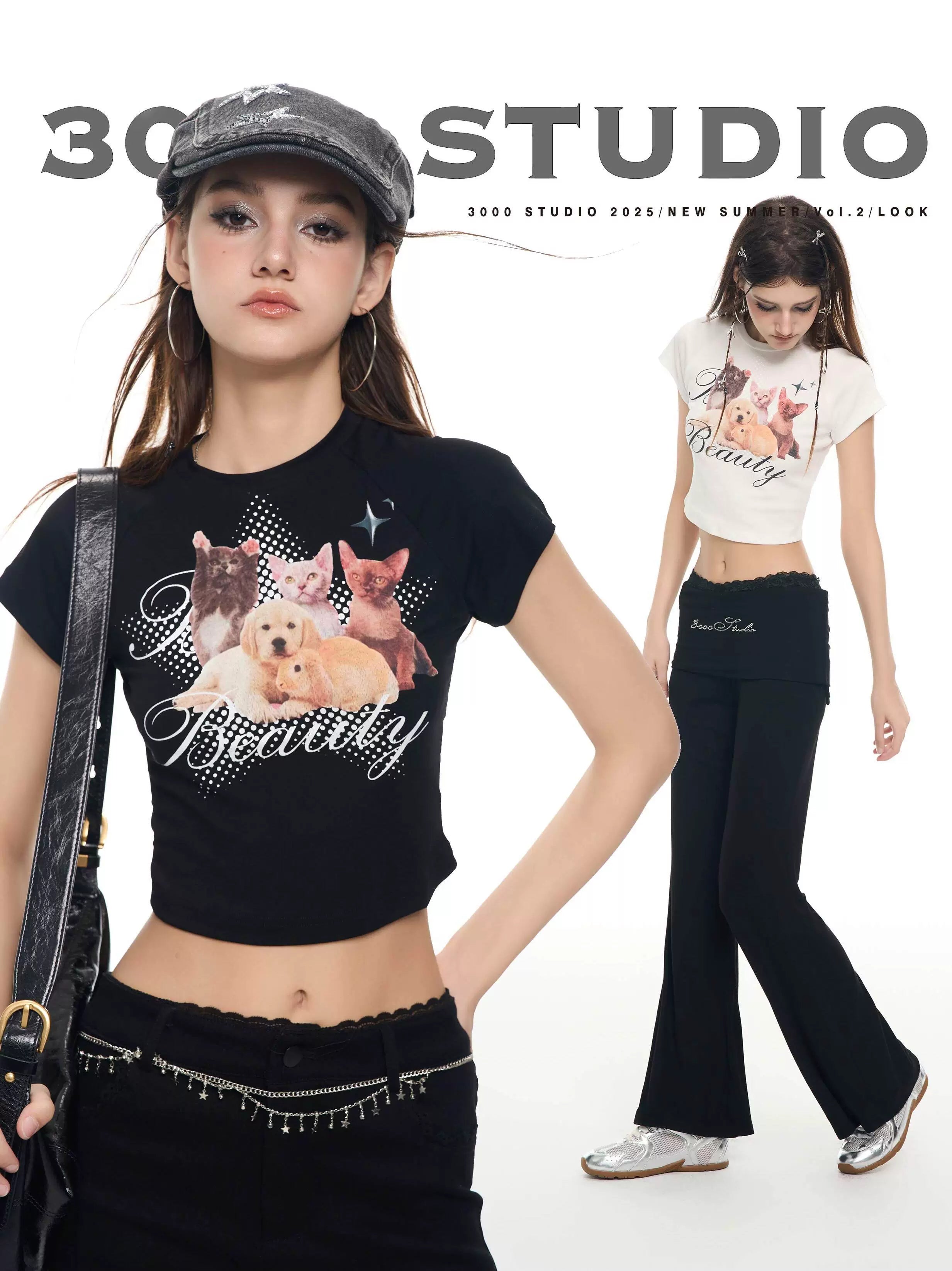 Cute Pet Print Crop Top  Slim Fit Women's Short Sleeve T-Shirt