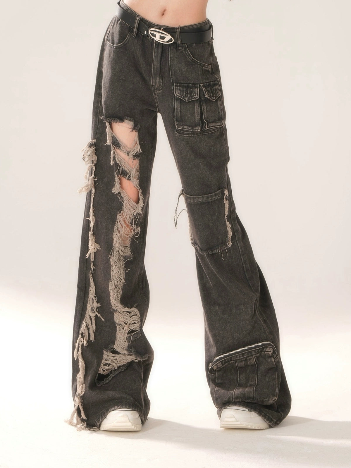 Retro Black Distressed Piercing Cargo Jeans  Women's Street Style Long Pants