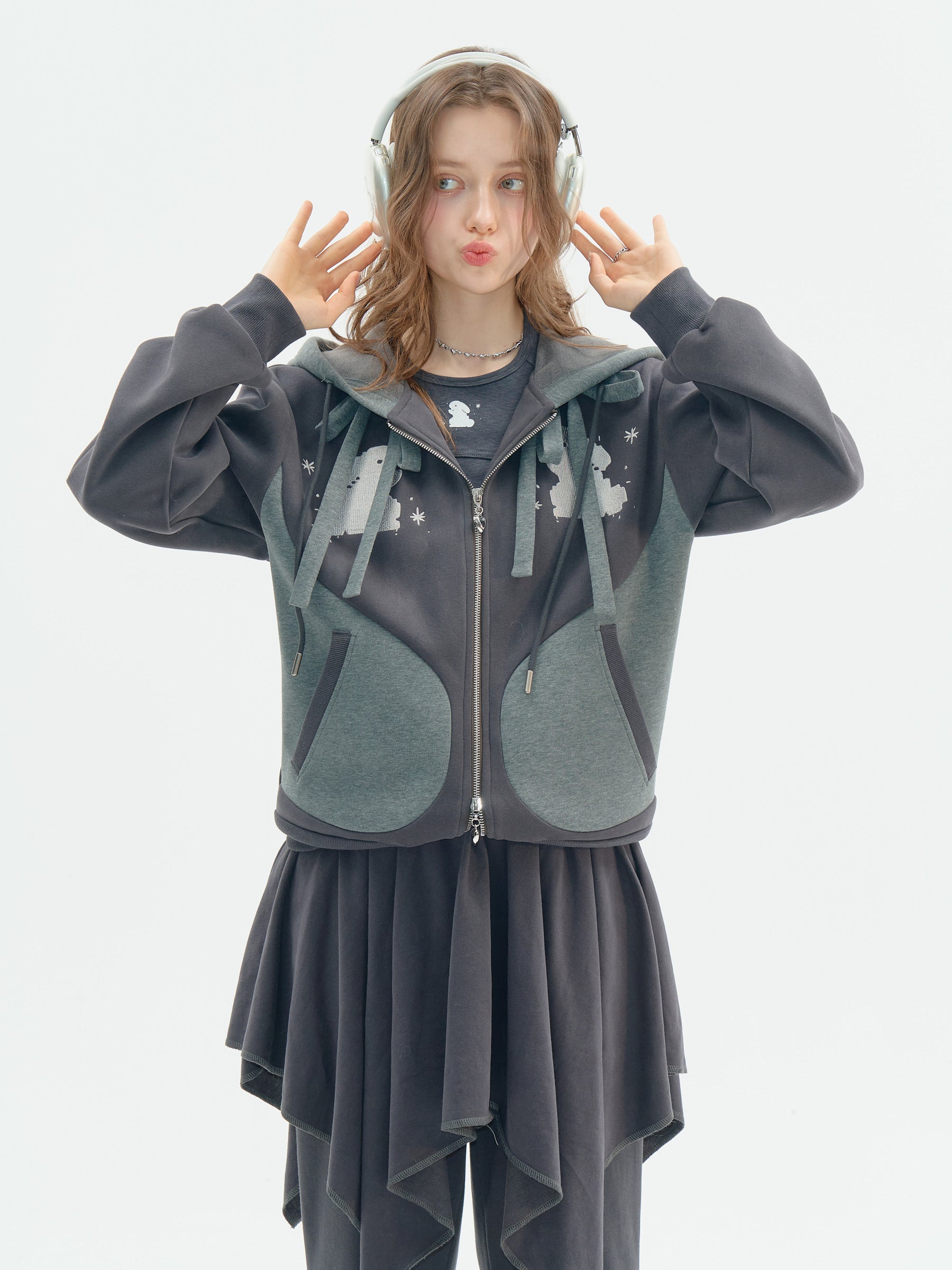 Women's Irregular Skirt Hooded Sweatshirt Black Suit