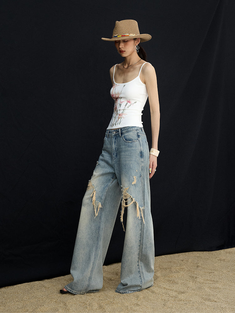 Washed Blue Wide-Leg Jeans  Raw Hem & Layered Look