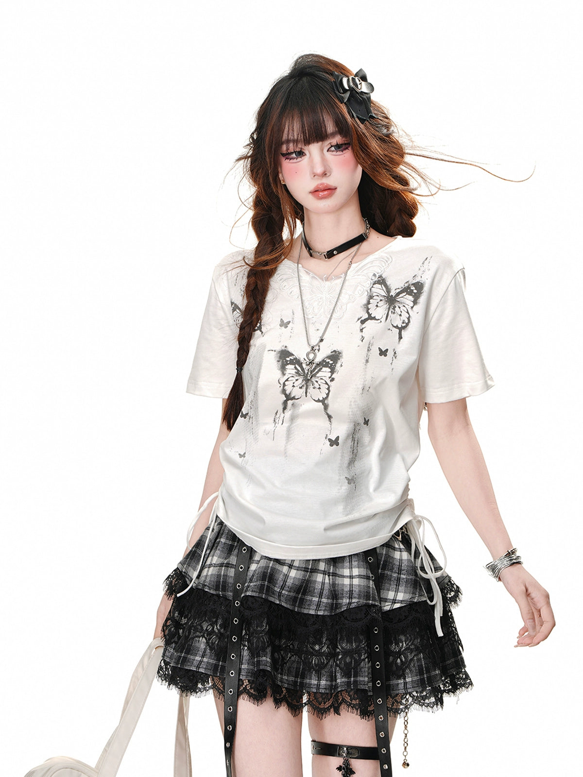 Korean Style Butterfly Shoulder T-Shirt  Women's Slim Fit White Summer Tee