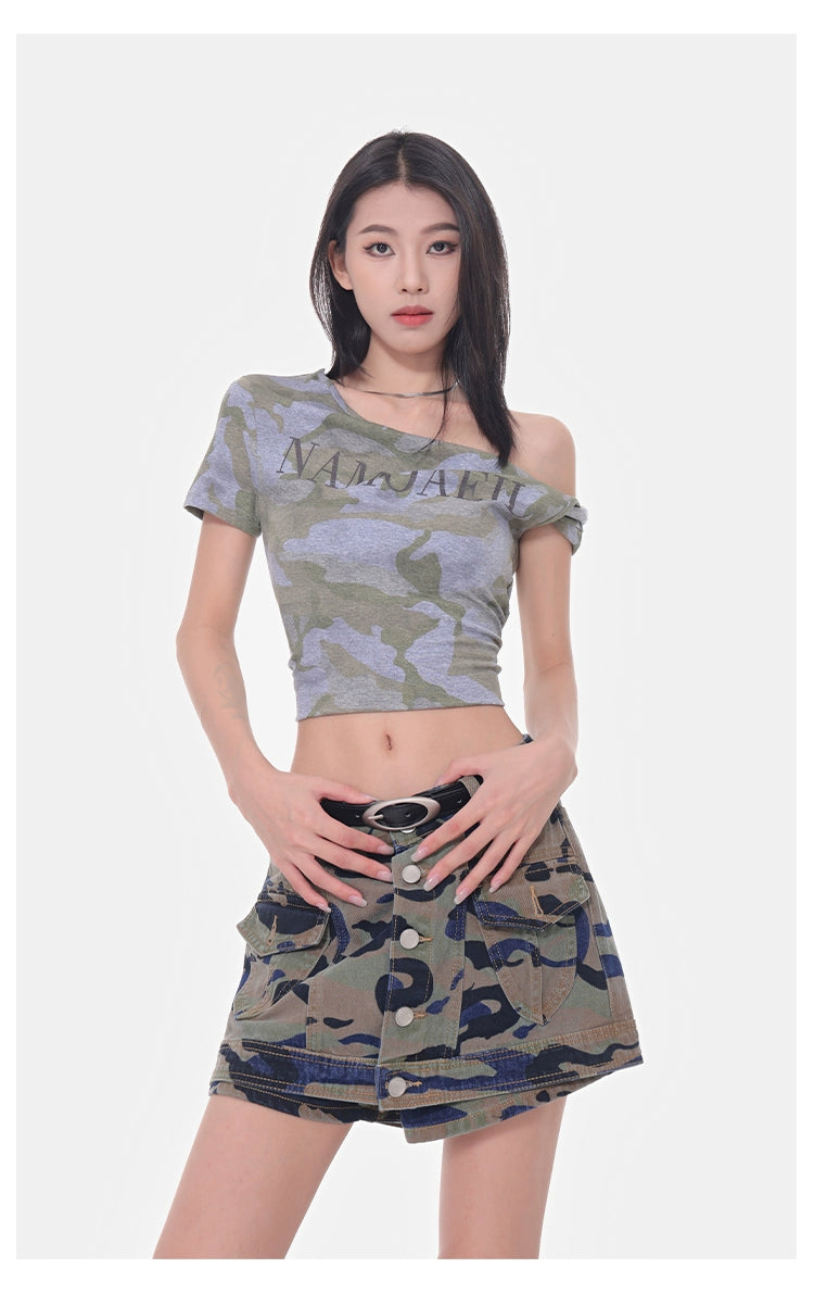 Women's Summer High-Waisted Camouflage Denim Cargo Culottes  Slimming Hot Shorts