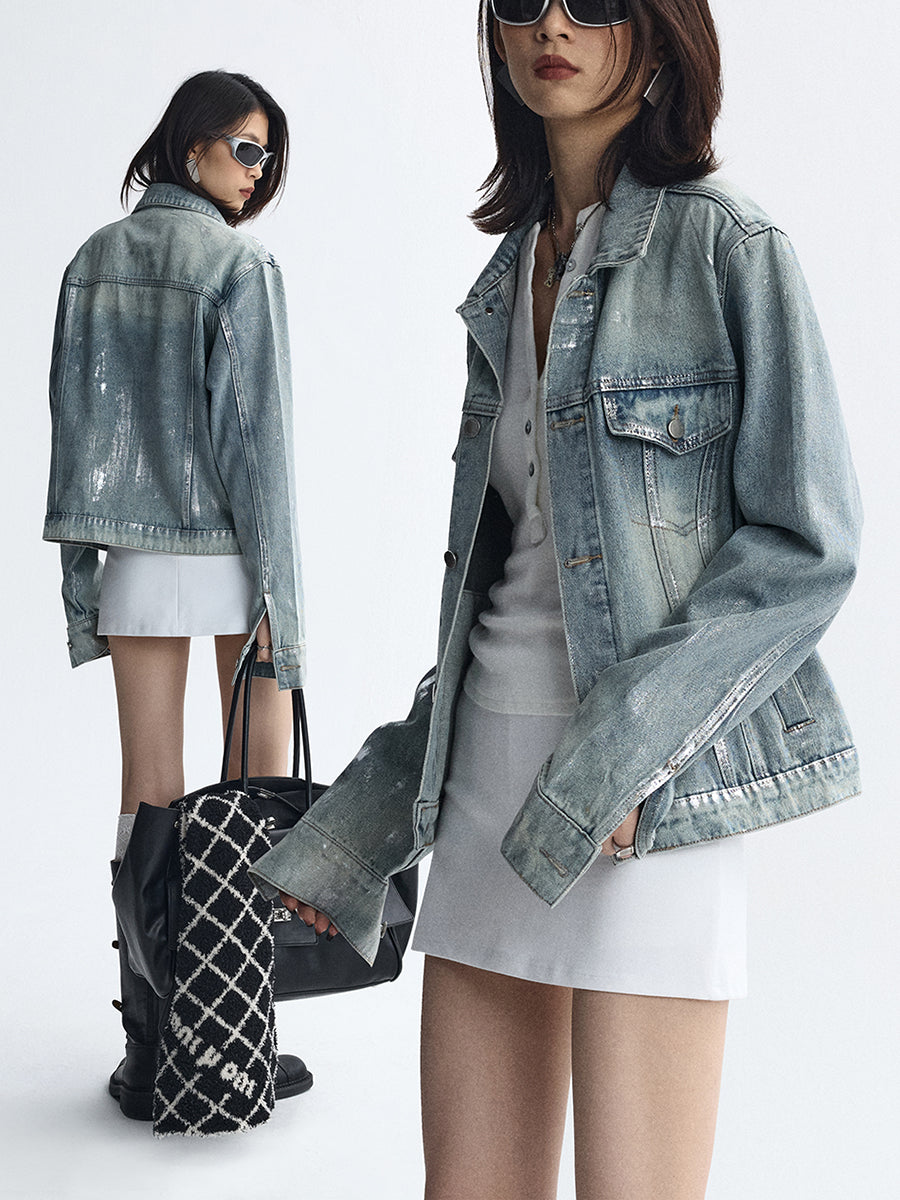 Women's Washed Blue Short Denim Jacket  Hand-Stamped Silver Detail
