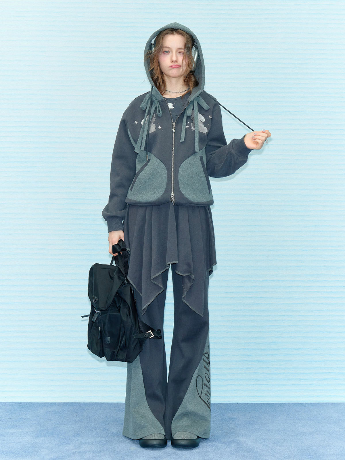 Women's Irregular Skirt Hooded Sweatshirt Black Suit