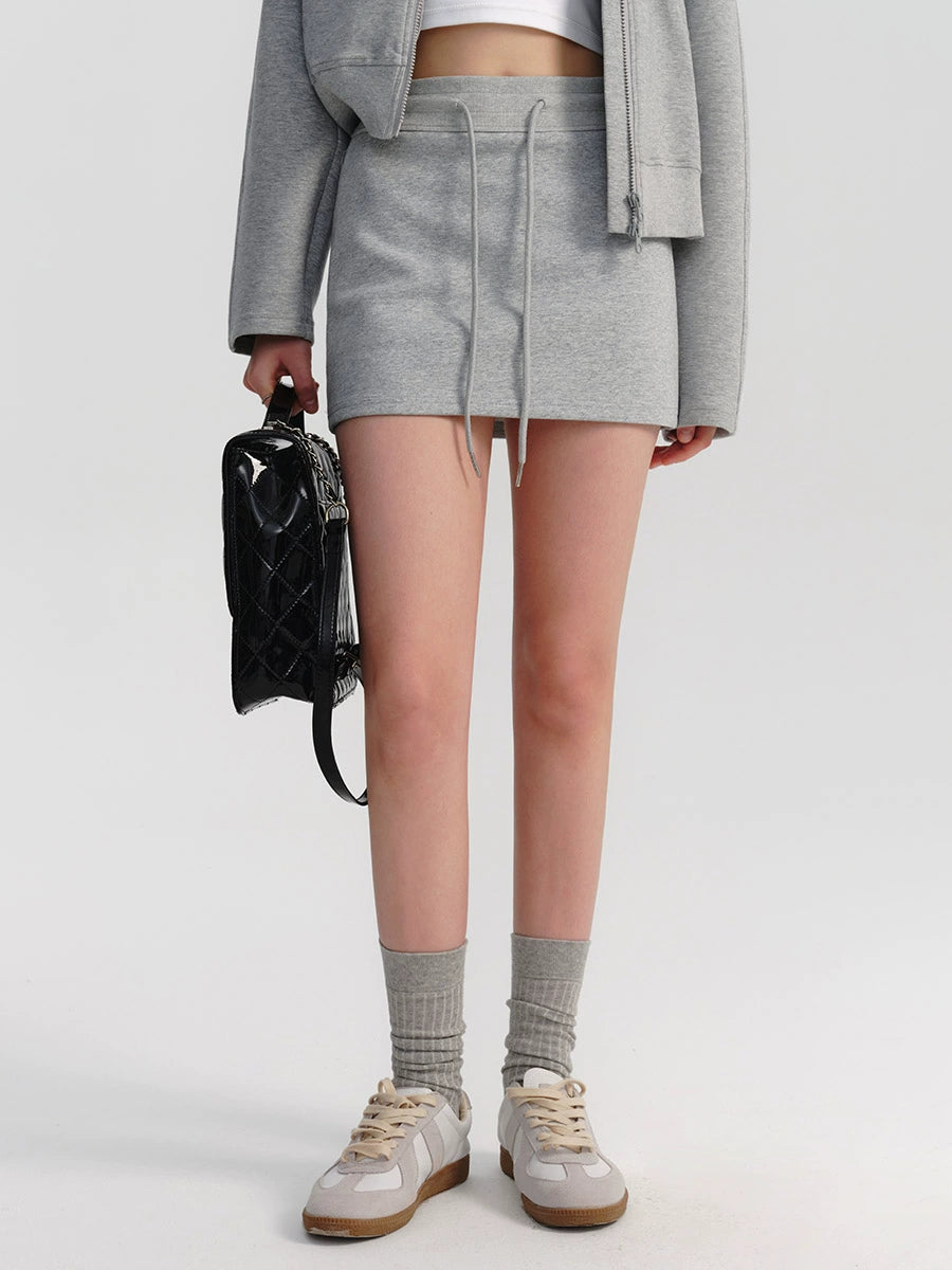 Women's Grey Athleisure Skirt  High Waist Slim A-Line Hip Skirt with Drawstring