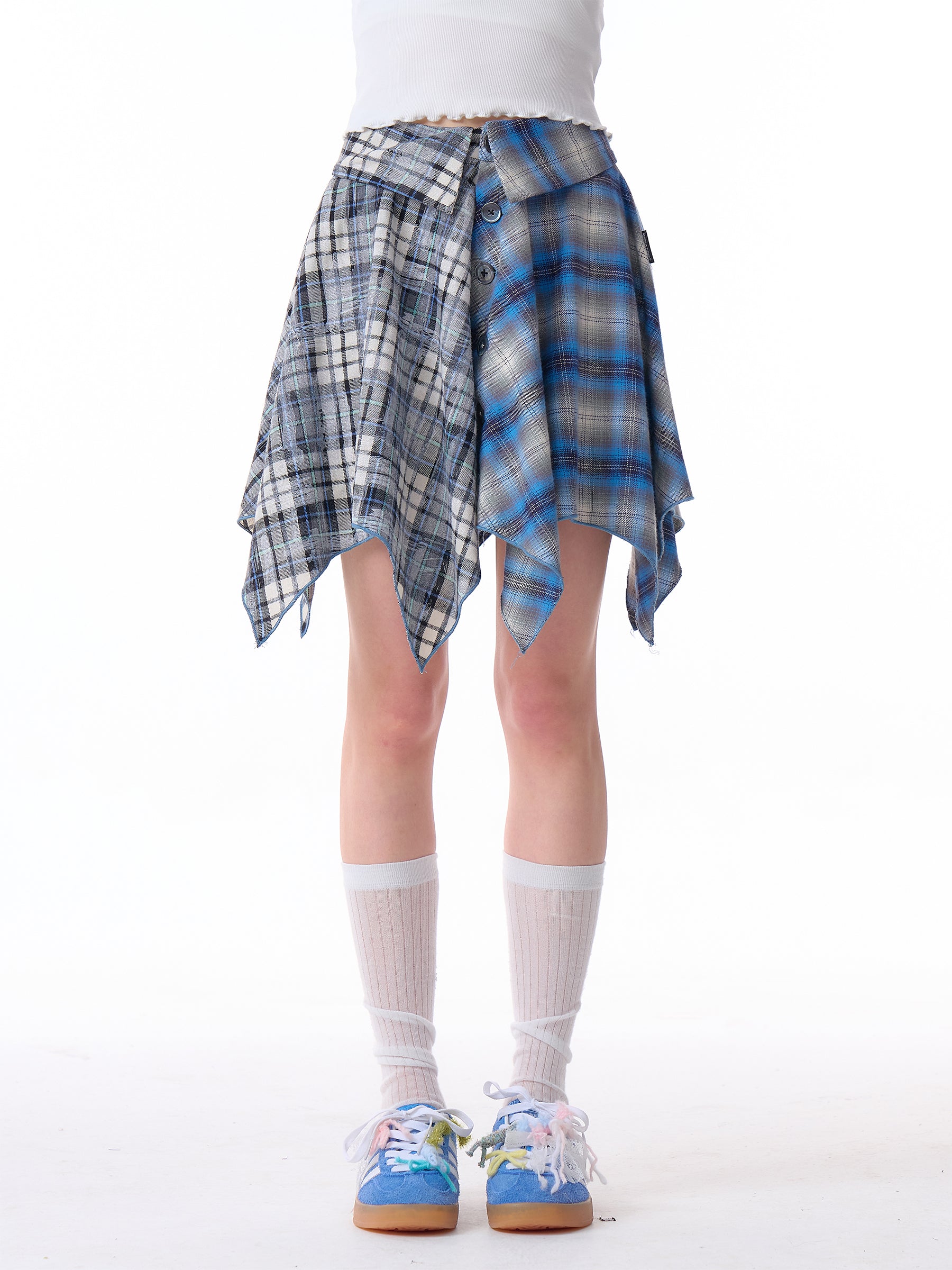 Women's Irregular Contrast Stitching High Waist Sky Blue Plaid Skirt