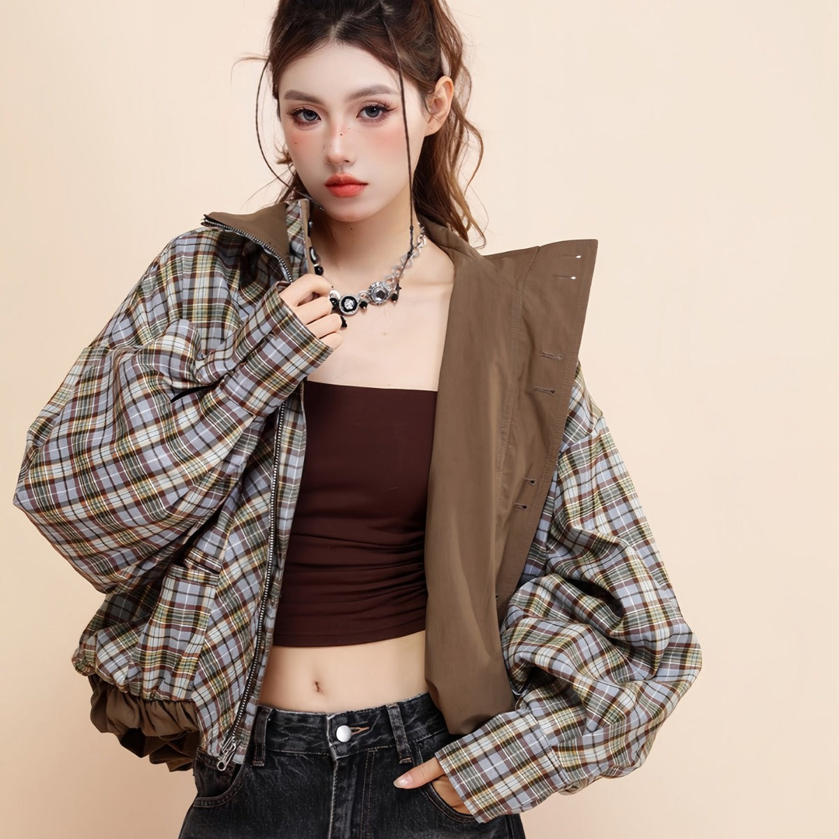 Coffee Contrast Reversible Cotton Retro Jacket Women's