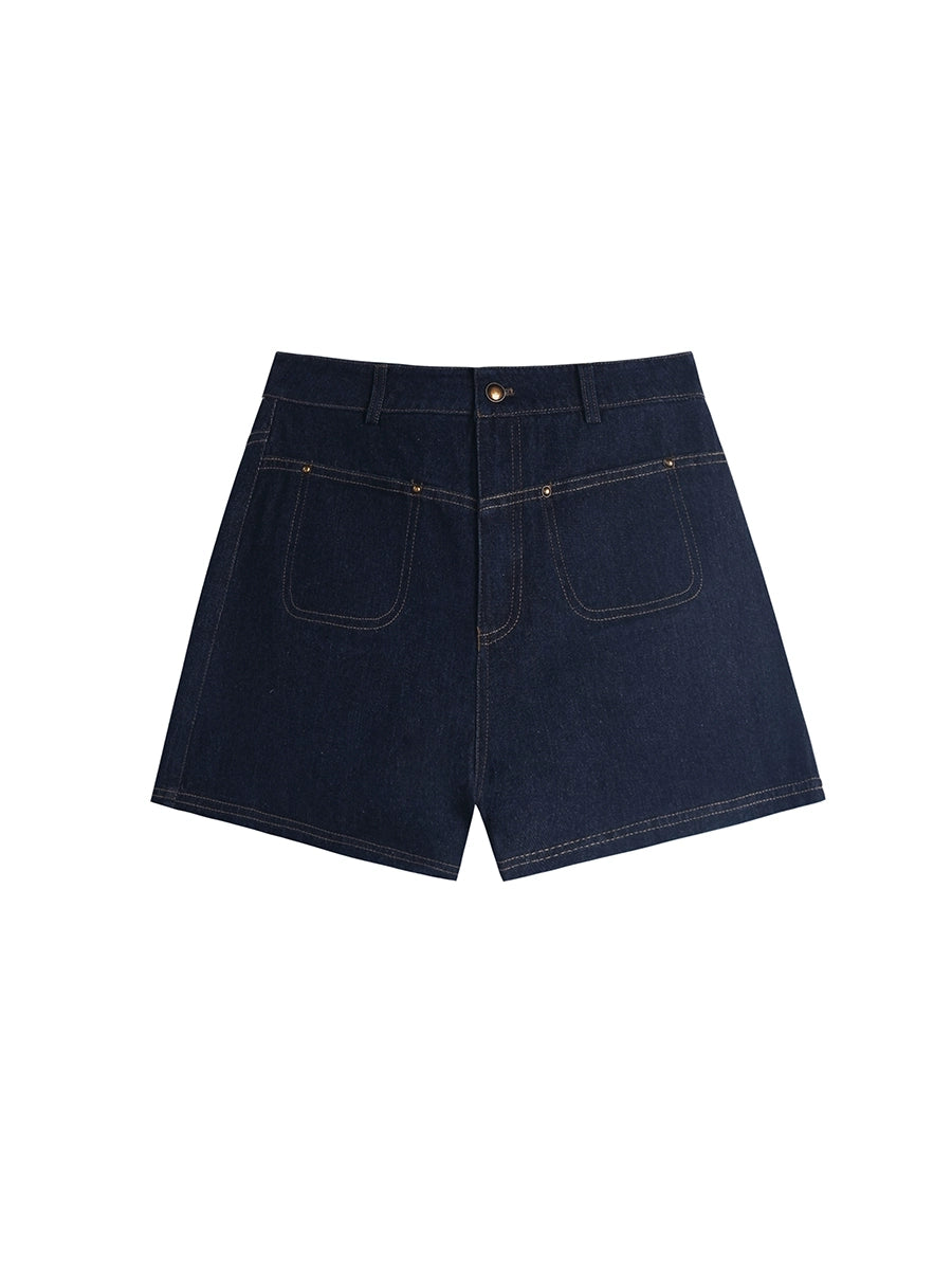 High-Waisted Retro Denim Hot Pants  Contrast Stitch & Patch Pocket